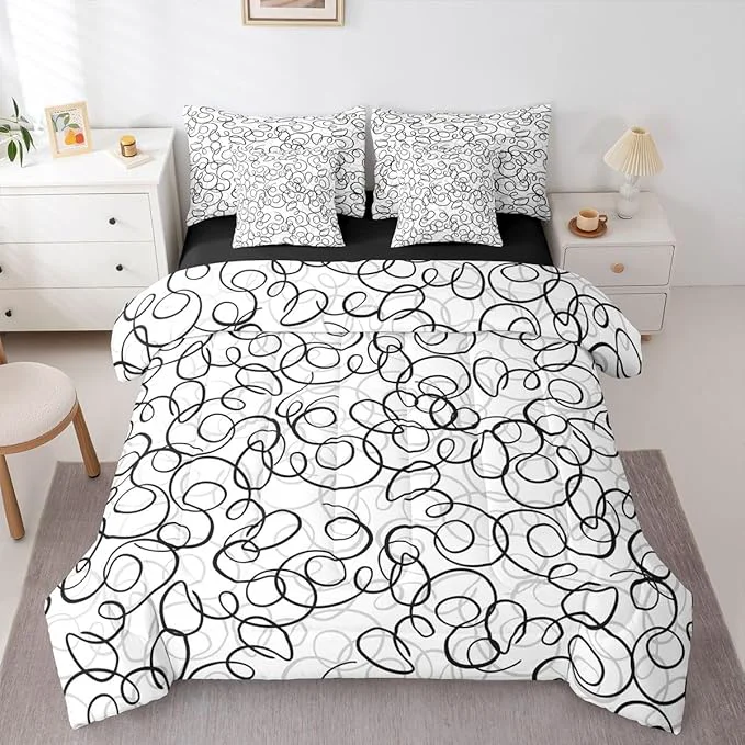 Smooth Erosebridal Geometric 7 Piece Comforter Set Twin Bed in A Bag Black Gray White Abstract Swirls Bedding Set for Boys Girls Modern Abstract Texture Bedroom Decor Contemporary Lines Aesthetic Sheet Set Official