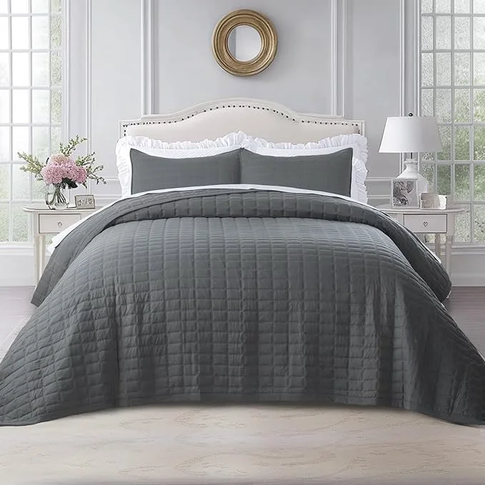 Versatile KASENTEX Queen XL Quilt Set 98 quot x98 quot – Soft Washed 3-Layer Lightweight Bedspread Minimalist Nordic Design All-Season Spring amp Summer Quilt Set 1 Quilt 2 Pillow Shams Dark Grey Elegant