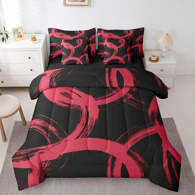 Top-Quality Erosebridal Black and Red 7 Piece Comforter Set Queen Abstract Line Ink Painting Bedding Set for Kids Boys Girls Simple Minimalist Graffiti Art Modern Geometric Sheet Set Boho Cool Unique Mens Quilt Healthy