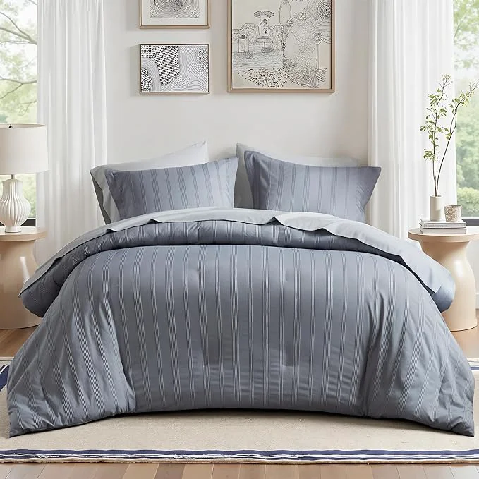 Functional Madison Park Essentials Striped Comforter Set Full 7 Pieces Modern Minimalist Jacquard Bedding Set for All Season Bed in A Bag with Sheet Set and Soft Brushed Reverse Lightweight Blue Grey Relaxed