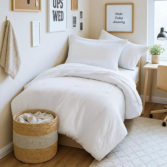 Elite Madison Park Essentials Striped Comforter Set Twin XL 5 Pieces Modern Minimalist Jacquard Bedding Set for All Season Bed in A Bag with Sheet Set and Soft Brushed Reverse Lightweight White Consistent