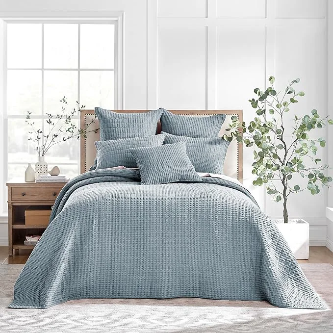 Environmentally Friendly Levtex Home Mills Waffle Twin Bedspread Set 84x104in with 1 Pillow Sham 26x20in – Chambray – Cotton Waffle Twin Size Bedspread Set – Lightweight Soft Pre-Washed Top-Quality