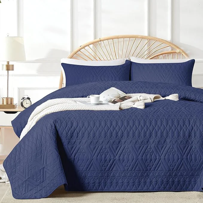 World-Class akkialla Full Queen Size Quilt Bedding Set Navy Blue Lightweight Microfiber Soft Bedspread Modern Style Geoetric Pattern Coverlet Set for All Seasons 3 Piece 1 Quilt 2 Pillow Shams First-Class