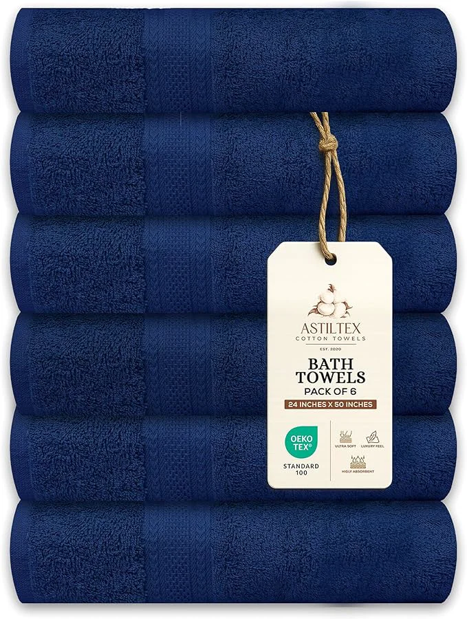 Quality Large Bath Towels Pack of 6 – 24 x 50 Cotton Terry – Soft Quick-Dry Sustainable