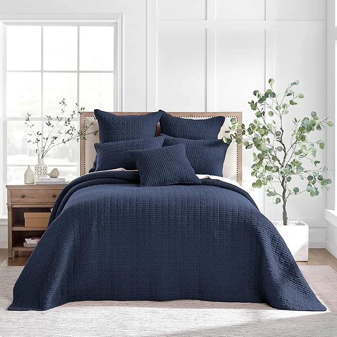 First-Class Levtex Home Mills Waffle King Bedspread Set 120x104in with 2 Pillow Shams 36x20in – Navy – Cotton King Size Bedspread Set – Soft Pre-Washed Reusable
