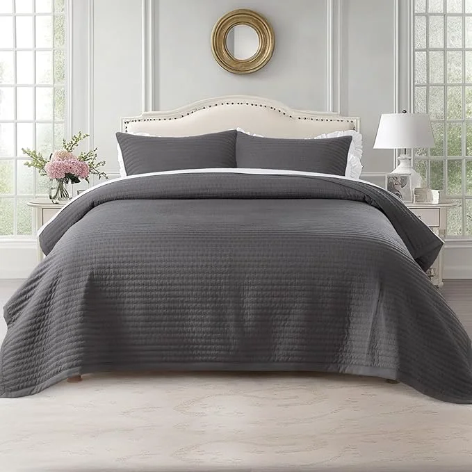 Authentic KASENTEX Queen Quilt Set 90 quot x90 quot – Soft Washed 3-Layer Lightweight Bedspread Minimalist Nordic Design All-Season Spring amp Summer Quilt Set 1 Quilt 2 Pillow Shams Tornado Dark Grey