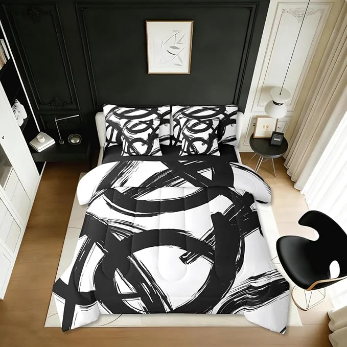 Selected Erosebridal Black White Abstract 7 Piece Comforter Set Twin Bed in A Bag Modern Graffiti Minimalist Line Bedding Set Simple Sketch Cool Unique Geometric Sheet Set Ink Painting Aesthetic Quilt High-End