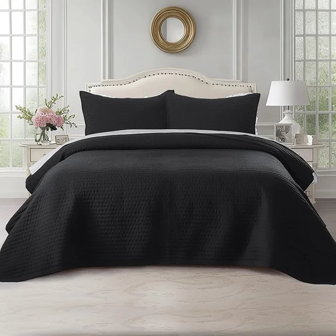 Powerful KASENTEX Queen XL Quilt Set 98 quot x98 quot – Soft Washed 3-Layer Lightweight Bedspread Minimalist Nordic Design All-Season Spring amp Summer Quilt Set 1 Quilt 2 Pillow Shams Jet Black Fine