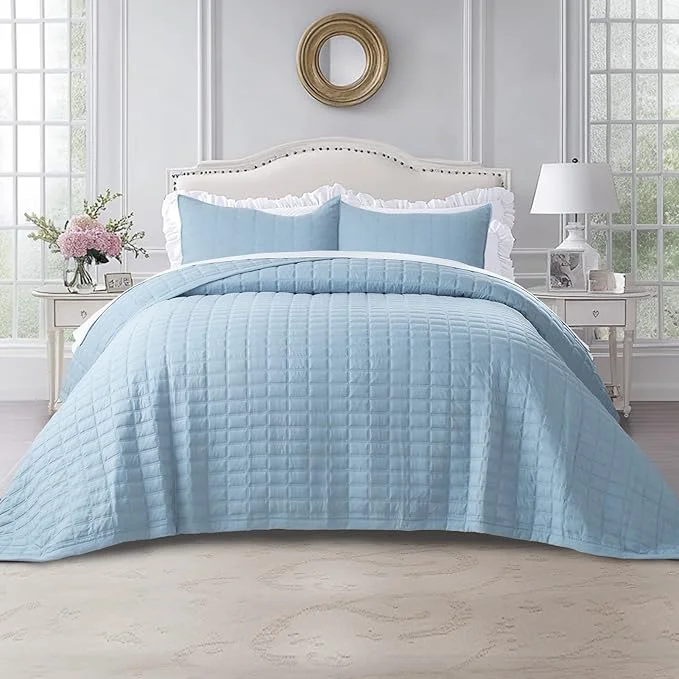 First-Class Kasentex KXW1801-GB Quilt-Bedding-Coverlet-Blanket-Set Machine Washable Ultra Soft Lightweight Stone-Washed Detailed Stitching-Solid Color Full Queen 2 Shams Grey Blue Premium