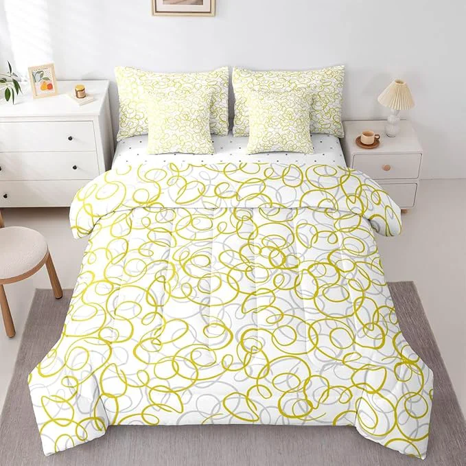 High-End Erosebridal Geometric 7 Piece Comforter Set Queen Bed in A Bag Yellow White Abstract Lines Bedding Set for Boys Girls Bedroom Modern Abstract Texture Quilt Contemporary Swirls Aesthetic Sheet Set Optimized