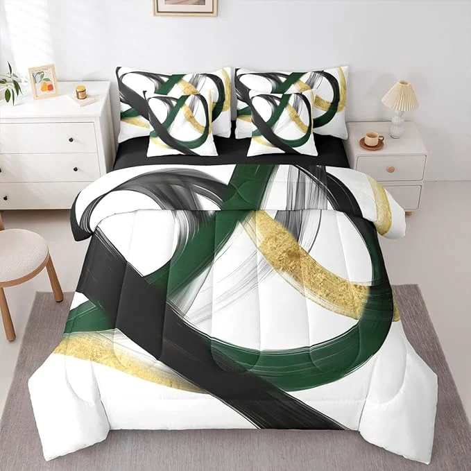 Fine Erosebridal Abstract Black Gold 7 Piece Comforter Set King Geometric Green Minimalist Lines Bedding Set Modern Ink Painting Stripes Quilt Simple Aesthetic Fashion Neutral Sheet Set for Men Safe