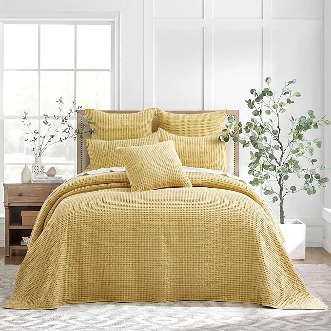 Detailed Levtex Home Mills Waffle Queen Bedspread Set 106x106in with 2 Pillow Shams 26x20in – Ochre – Cotton Waffle Queen Size Bedspread Set – Lightweight Soft Pre-Washed Eco-Friendly