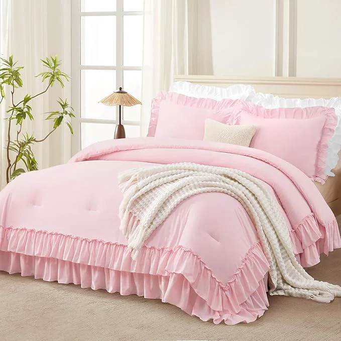 Comfortable Andency Pink Oversized Queen Comforter Set Lightweight Farmhouse Pink Ruffle Bedding Set Soft Shabby Chic Bed Set 3 Pieces 1 Ruffle Comforter 2 Pillowcases Premium