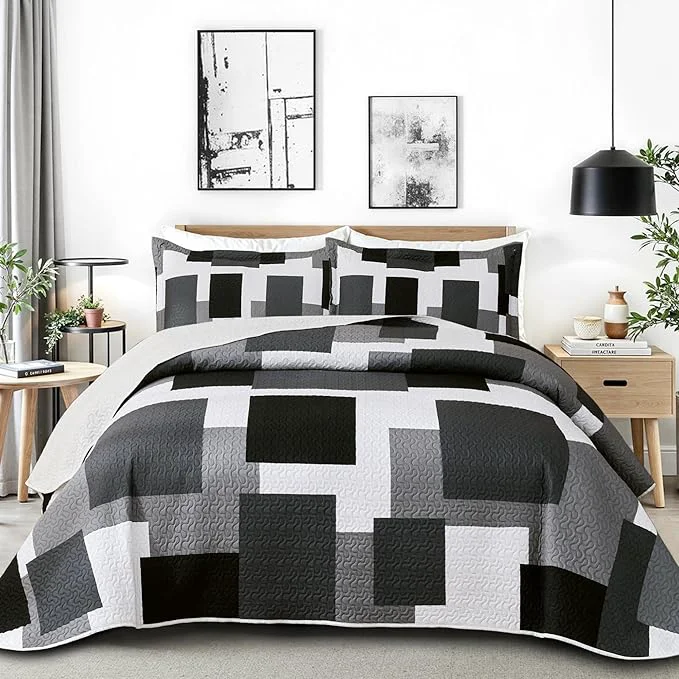 Next-Generation 3 Piece Black Grey Quilt Set California King Size Black White Geometric Reversible Bedding Set Microfiber Lightweight Bedspread Coverlet with 2 Sham Modern Bed Covers for All Season 118 39 39 x106 39 39 Flexible