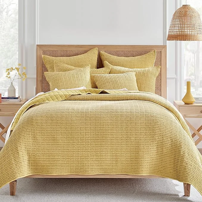 Artisan Levtex Home Mills Waffle Twin Quilt Set – Ochre Cotton 1 Sham 1 Quilt 68 x 86in. Stylish
