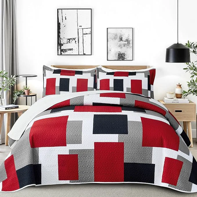 Stylish 3 Piece Red Black Grey Quilt Set King Size Christmas Red Black Geometric Reversible Bedding Set Microfiber Lightweight Bedspread Coverlet with 2 Shams Modern Bed Cover for All Season 106 39 39 x96 39 39 Luxury