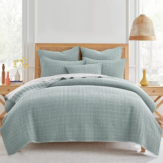 Levtex Home Mills Waffle King Cal King Quilt Set 106x92in with 2 Pillow Shams 36x20in – Spa – Cotton Waffle King Size Quilt Bedding Set – Lightweight Soft Pre-Washed Elite