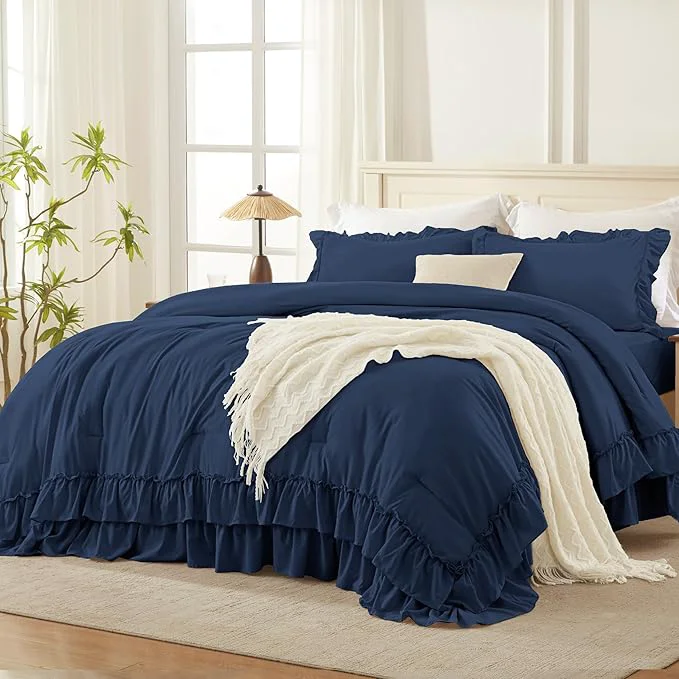 Trendy Andency Navy Blue King Comforter Set 104x90Inch 3 Pieces Ruffle Comforter Set with 2 Pillowcases Farmhouse Shabby Chic Lightweight Fluffy Soft Polyester All Season Bed Set