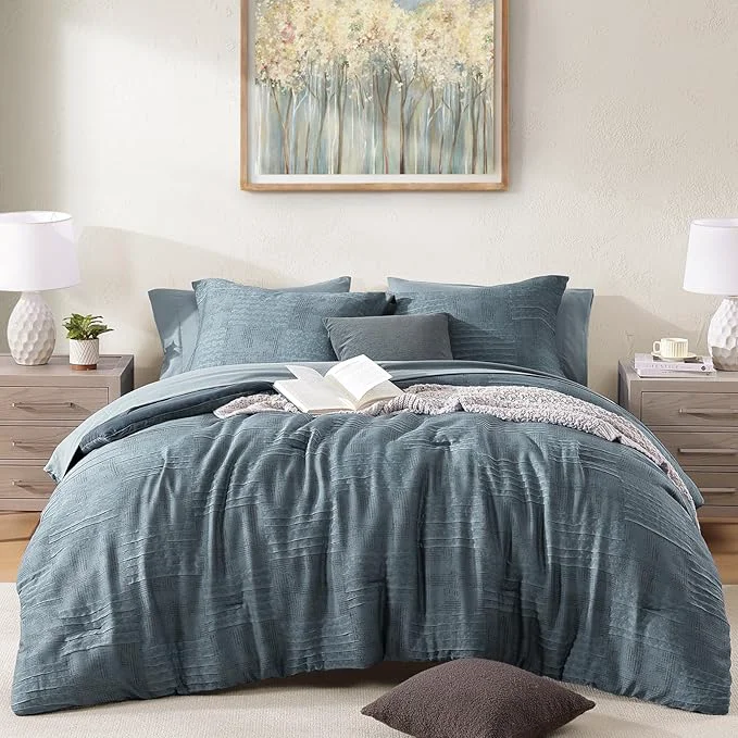 Verified MaiRêve King Comforter Set Dusty Blue Textured Design Crinkle Bedding Sets 7 Pieces All Season Bed in A Bag with Comforter Sheets Pillowcases amp Shams High-End