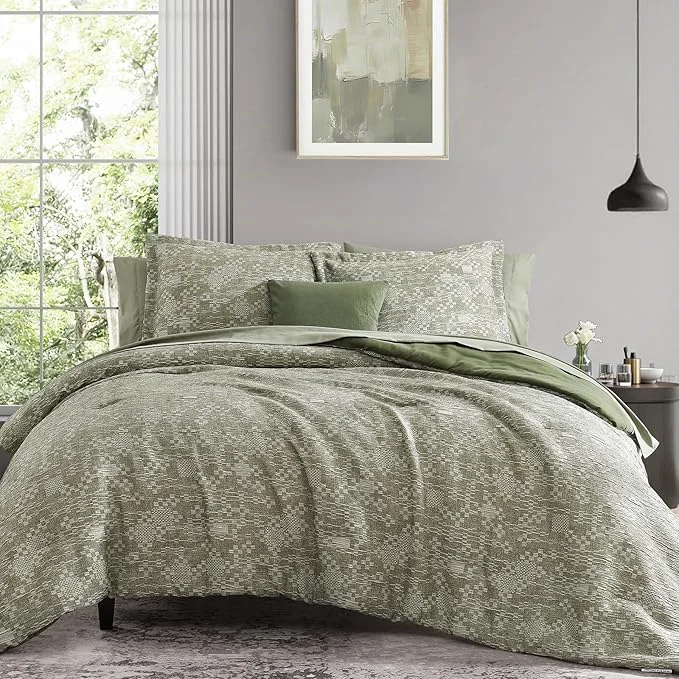 Refined MaiRêve Queen Comforter Set Olive Green Crinkle Textured Design Bedding Set 7 Pieces Bed in A Bag All Season Farmhouse Comforter Set with Sheets Pillowcases amp Shams Specialty