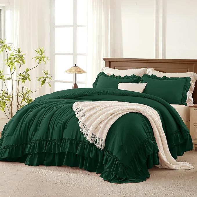 Top-Quality Andency Dark Green Comforter Set Queen Size Lightweight Fluffy Farmhouse Ruffle Bedding Set Soft Polyester All Season Shabby Chic Bed Comforter Set 3 Pieces 1 Comforter 2 Pillowcases