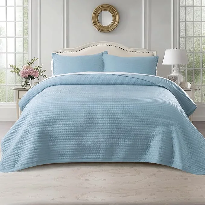 Advanced Oversized King Quilt Set 112 quot x106 quot – Soft Washed 3-Layer Lightweight California King Bedspread Minimalist Nordic Design All-Season Spring amp Summer Quilt Set 1 Quilt 2 Pillow Shams Blue Original Design