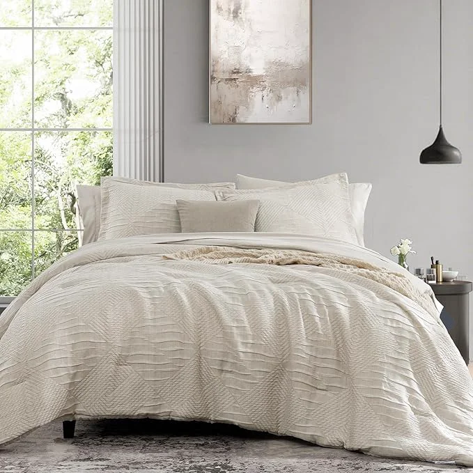 Artisan MaiRêve Full Size Comforter Set Beige Crinkle Textured Design Boho Bedding Set 7 Pieces Bed in A Bag All Season Geometric Comforter Set with Sheets Pillowcases amp Shams Smart