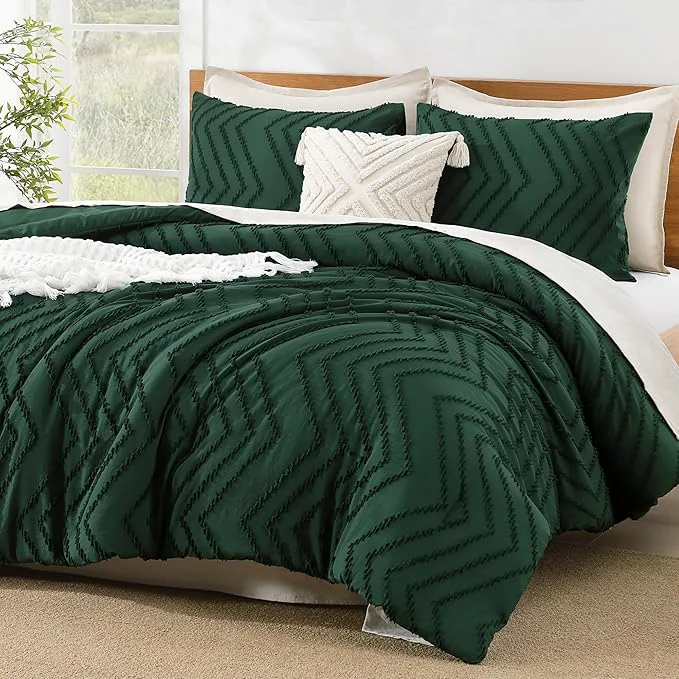 Contemporary Litanika California King Comforter Set Dark Emerald Green 3 Pieces Cal King Oversized Chevron Boho Tufted Forest Green Bedding Comforter Sets Fluffy Bed Set Functional