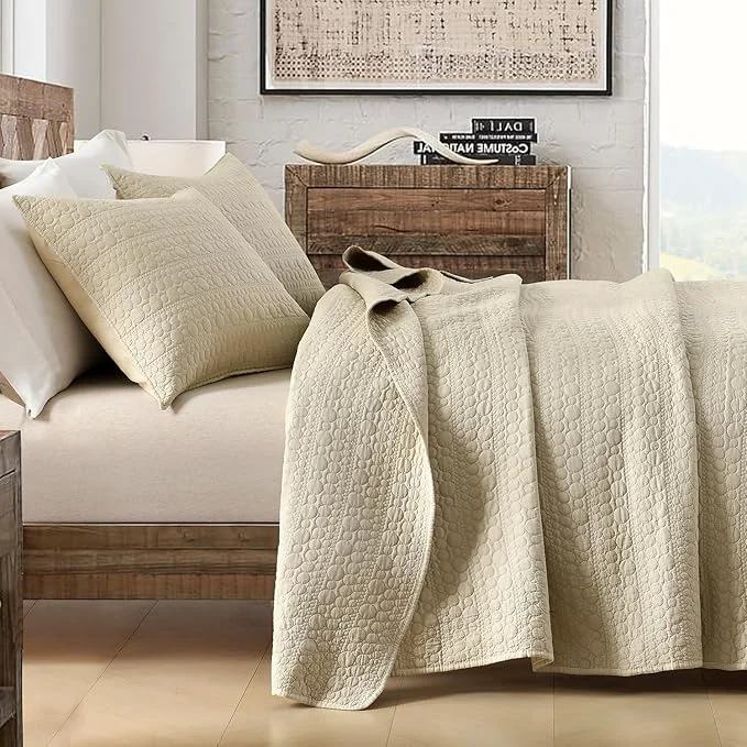 Stylish HORIMOTE HOME Quilt Set Queen Size Brich Beige Classic Geometric Spots Stitched Pattern Pre-Washed Microfiber Chic Rustic Look Ultra Soft Lightweight Quilted Bedspread for All Season 3 Pieces Premium Material