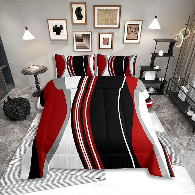 Reusable Erosebridal Red and Black Striped Toddler Comforter Grey Modern Abstract Bedding Set Geometric Stripes Lines Duvet Insert Contemporary Art Boho Bed Sets for Minimalist Functional