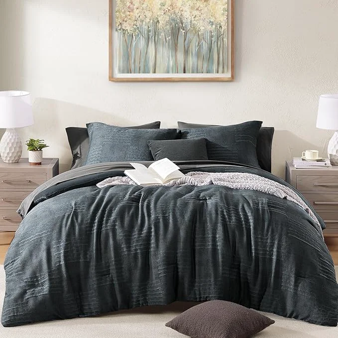 Functional MaiRêve King Comforter Set Blue Grey Textured Design Crinkle Bedding Sets 7 Pieces All Season Bed in A Bag with Comforter Sheets Pillowcases amp Shams Innovative