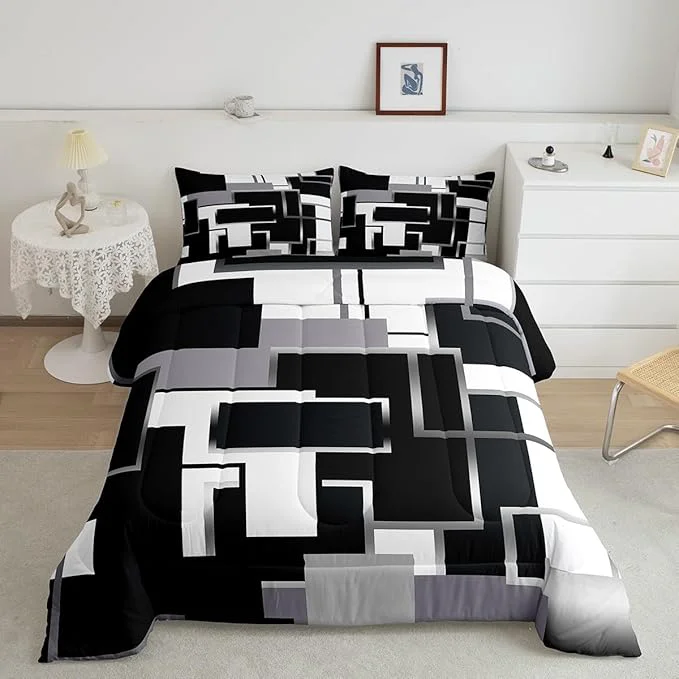 Relaxed Erosebridal Geometric Comforter Sets Twin Black and White Bedding Set for Kids Teens Youth Modern Ombre Quilt Set Soft Mid Century Square Duvet Insert with 1 Pillow Sham Lightweight Warm Eco-Friendly