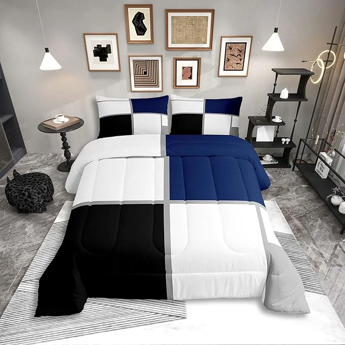 Organic Erosebridal Geometric Comforter Set Twin Size for Adults Teens Black and White Abstract Bedding Navy Blue Striped Grid Quilt for Minimalist Modern Art Patchwork Bedding Comforter Sets Specialty