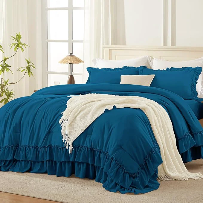 Crafted Andency Teal Full Size Comforter Set 79x90Inch 3 Pieces Fluffy Farmhouse Shabby Chic Ruffle Bedding Sets All Season Soft Lightweight Bed Set Reliable