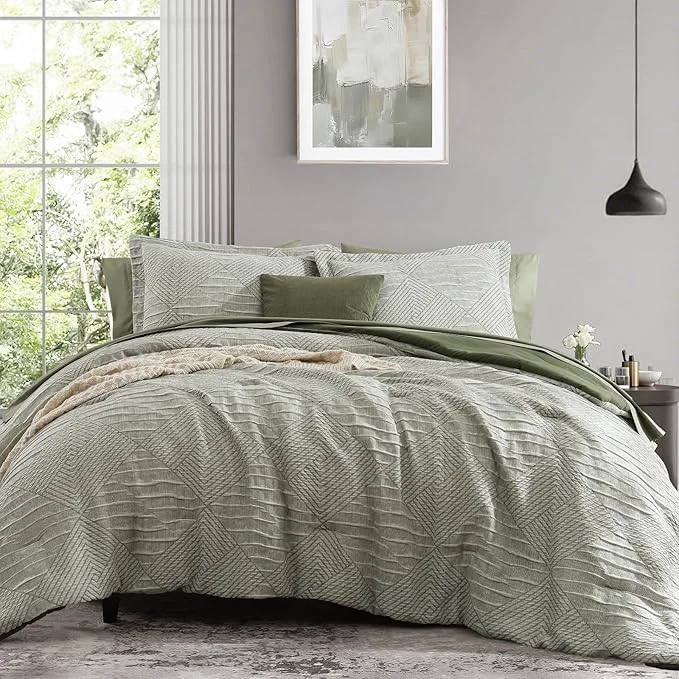 Smooth MaiRêve King Comforter Set Crinkle Textured Light Olive Green Diamond Boho Bedding Set 7 Pieces Bed in A Bag All Season Geometric Comforter Set with Sheets Pillowcases amp Shams Sophisticated