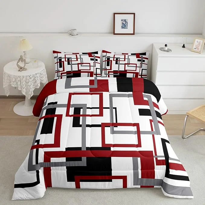 Long-Lasting Erosebridal Square Comforter Set for Teens Youth Black White Red Bedding Set Geometric Quilt Set Modern Bedroom Decor Mid Century Grid Duvet Insert with 2 Pillowcases All Season Queen Secure