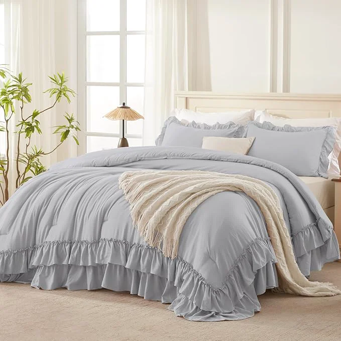 Original Andency Light Gray California King Comforter Set 3 Pieces Lightweight Fluffy Farmhouse Shabby Chic Bedding Comforter Sets Soft Polyester All Season Cal King Bed Sets 104x96Inch Premium Material