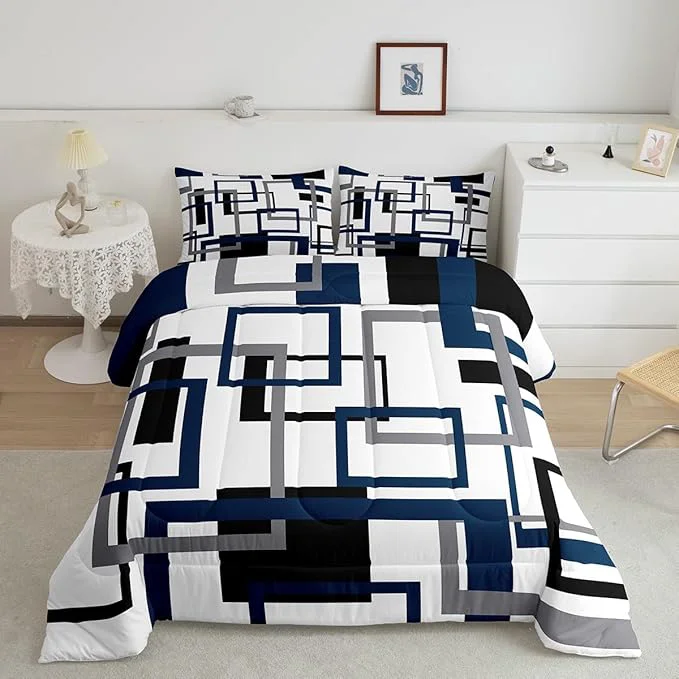 Trusted Erosebridal Square Comforter for Kids Boys Girls Black and Grey White Navy Blue Bedding Set Geometric Quilt Set Twin Fashion 3D Grid Striped Duvet Insert with 1 Pillowcase Lightweight Recyclable
