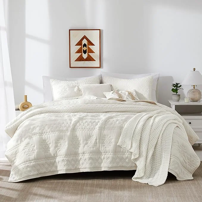 Efficient WDCOZY Boho Ivory Quilts Queen Size Bedding Sets with 2 Pillow Shams Cream White Farmhouse Lightweight Soft Bedspread Coverlet for All Season 3 Pieces 90×90 inches Dependable