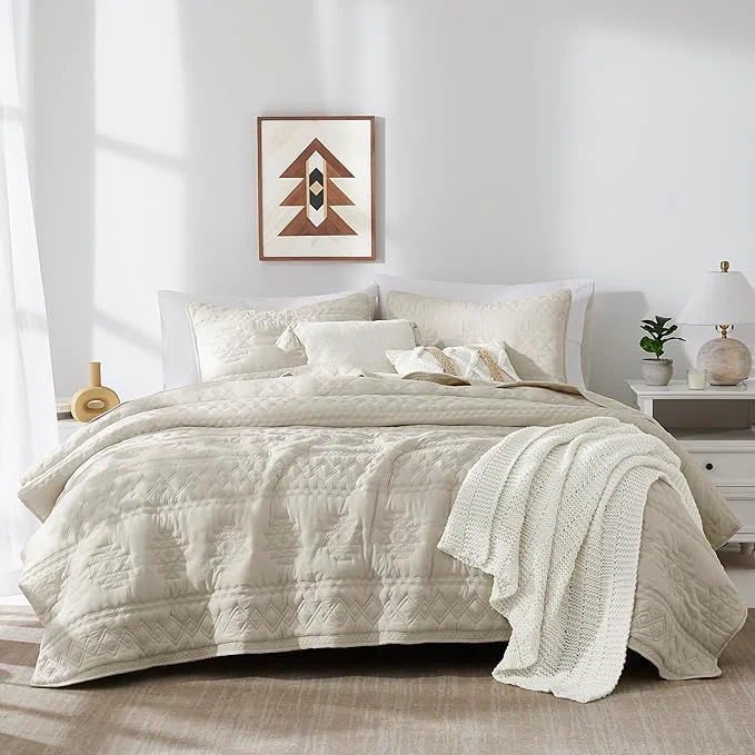 Relaxed WDCOZY Beige Boho Queen Size Quilt Bedding Set with 2 Pillow Shams Farmhouse Lightweight Soft Bedspread Coverlet for All Season 3 Pieces 90×90 inches Solid