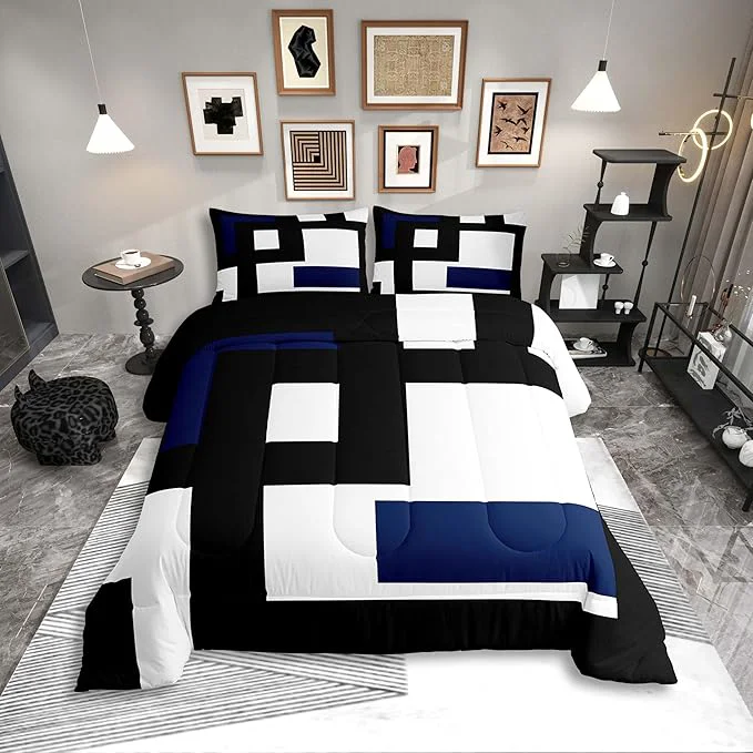 Fine Erosebridal Black and White Striped Comforter Set Twin Size Abstract Square Bedding for Kids Teens Adult Modern Geometric Stripes Bold Lines Quilt Minimalist Stylish Plaids Duvet Insert Safe
