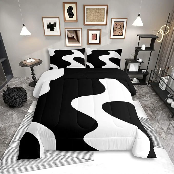 Practical Erosebridal White and Black Abstract King Bedding Set Boho Geometric Striped Comforter Set for Adult Women Men Minimalist Modern Art Bed Collections Simple Aesthetic Modern Duvet Quilt Sets Clean