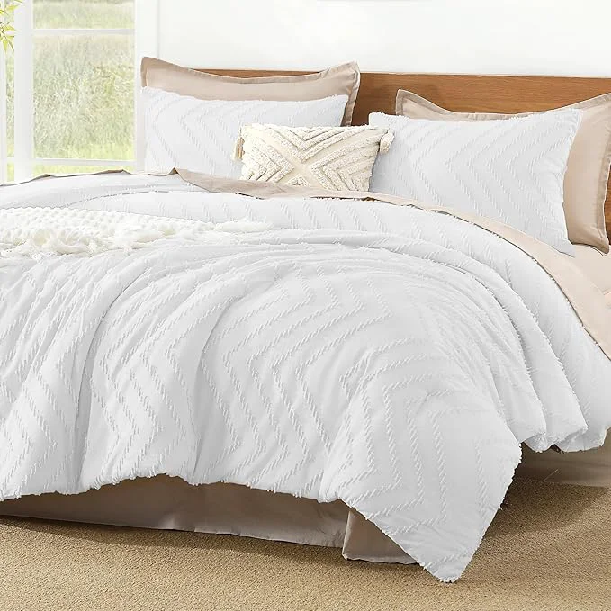 Environmentally Friendly Litanika Comforter Super King Size Set White 3 Pieces Chevron Tufted Solid Bedding Comforter Sets Fluffy Bed Set Stylish