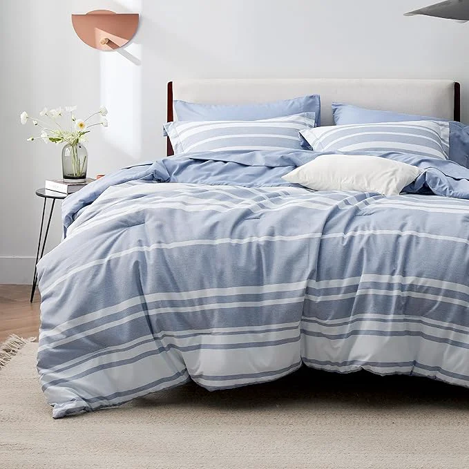Elegant Bedsure King Comforter Set 7 Pieces Blue Striped Bedding Set for All Seasons Reversible Cationic Dyeing Bed in a Bag with Comforter Sheets Pillowcases amp Shams Top-Quality