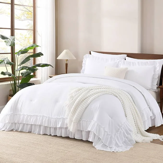 Trendy Andency White Twin Size Comforter Set 66x90Inch 2 Pieces 1 Ruffle Comforter and 1 Pillowcase Lightweight Fluffy Bedding Comforter Sets for Kids All Season Soft Polyester Bedding Set Dependable
