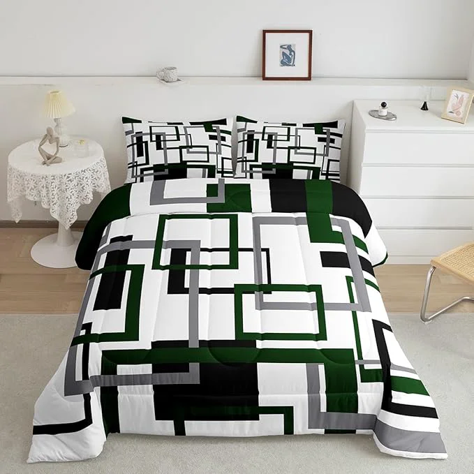 Authentic Erosebridal Black and White Green Comforter Set Twin Size Squares Bedding Set for Kids Boys Girls Modern Geometric Quilt Set Mid Century Novelty Duvet Insert with 1 Pillowcase Warm Fashionable