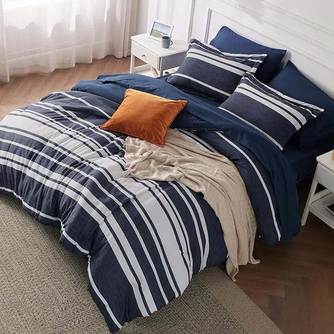 High-Grade Bedsure California King Comforter Set 7 Pieces Blue Striped Bedding Set for All Seasons Reversible Cationic Dyeing Bed in a Bag with Comforter Sheets Pillowcases amp Shams Fashionable