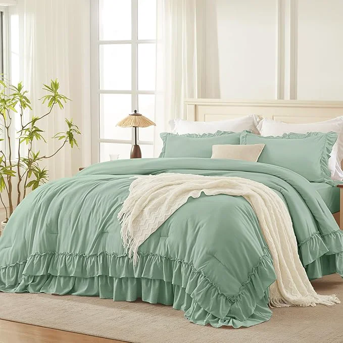 Natural Andency Sage Green King Comforter Set 3 Pieces Farmhouse Shabby Chic Ruffle Solid Comforter Sets Lightweight Fluffy Soft Polyester All Season Bed Set 104x90Inch Premium Material
