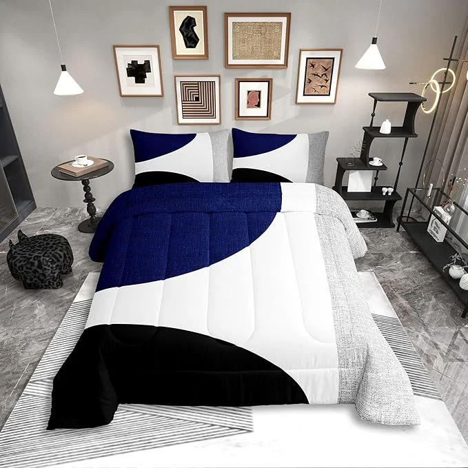 World-Class Erosebridal Navy Blue Abstract Comforter Set Full Black and White Boho Geometric Circle Bedding for Minimalist Striped Lines Modern Art Quilt Watercolor Creative Artwork Bedding Comforter Sets Powerful