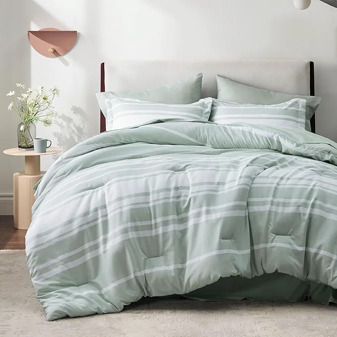 Proven Bedsure Queen Comforter Set 7 Pieces Sage Green Striped Bedding Set for All Seasons Reversible Cationic Dyeing Bed in a Bag with Comforter Sheets Pillowcases amp Shams Classic